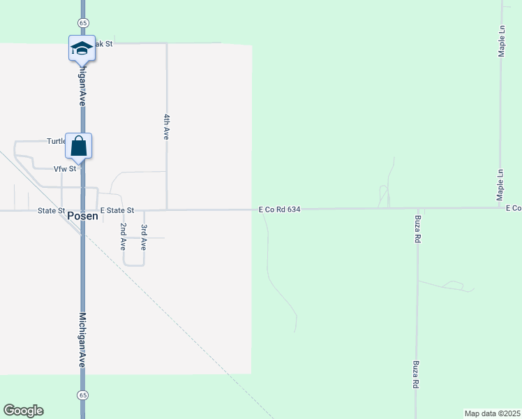 map of restaurants, bars, coffee shops, grocery stores, and more near 7526 East Co Road 634 in Posen