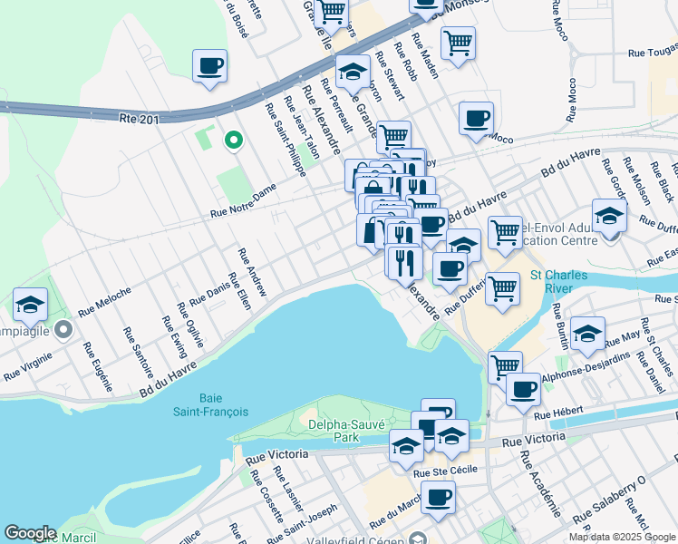 map of restaurants, bars, coffee shops, grocery stores, and more near in Salaberry-de-Valleyfield