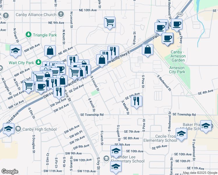 map of restaurants, bars, coffee shops, grocery stores, and more near 316 South Manzanita Court in Canby