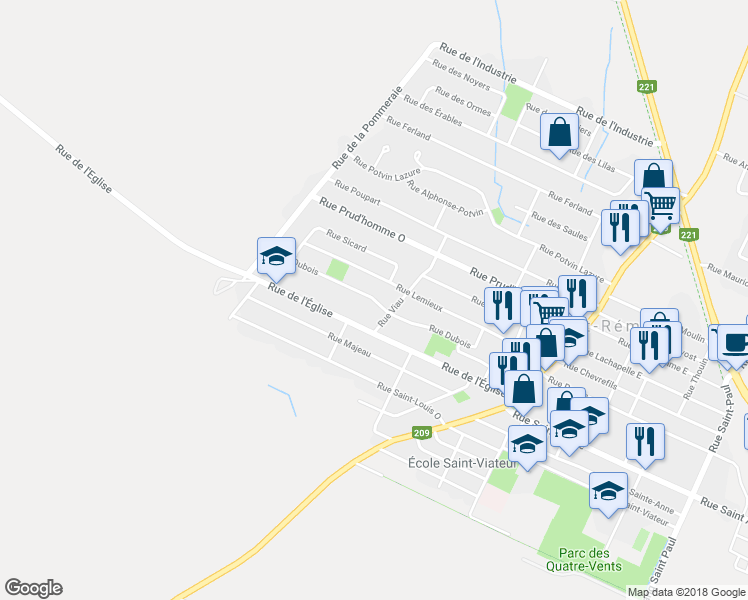 map of restaurants, bars, coffee shops, grocery stores, and more near Rue Dubois in Saint-Rémi