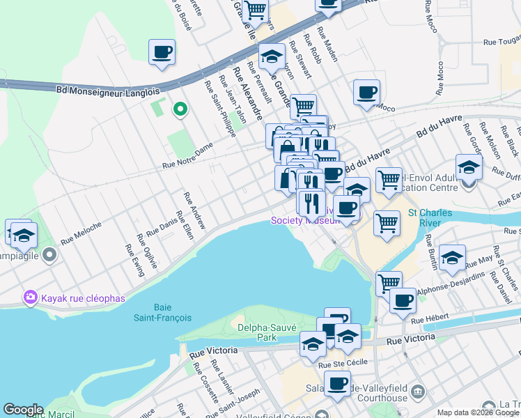 map of restaurants, bars, coffee shops, grocery stores, and more near 307 Boulevard du Havre in Salaberry-de-Valleyfield