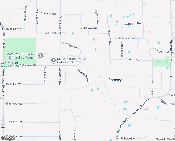 map of restaurants, bars, coffee shops, grocery stores, and more near 16062 Rhinestone Street Northwest in Ramsey