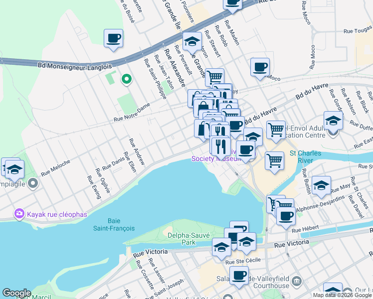 map of restaurants, bars, coffee shops, grocery stores, and more near 309 Boulevard du Havre in Salaberry-de-Valleyfield