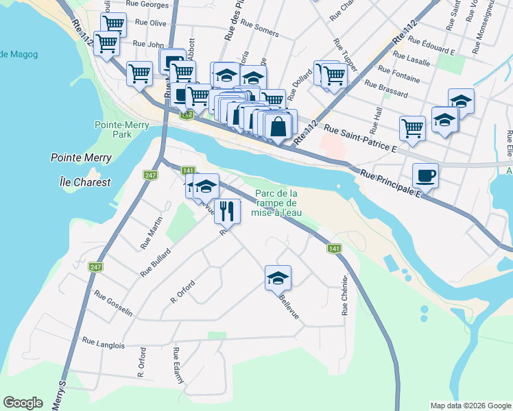 map of restaurants, bars, coffee shops, grocery stores, and more near 220 Rue de Hatley in Magog