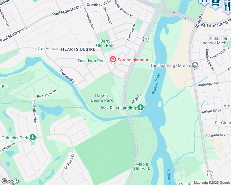 map of restaurants, bars, coffee shops, grocery stores, and more near 3572 Woodroffe Avenue in Ottawa