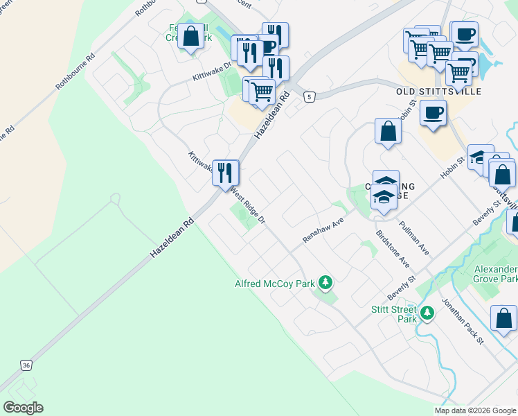 map of restaurants, bars, coffee shops, grocery stores, and more near 68 Delamere Drive in Ottawa