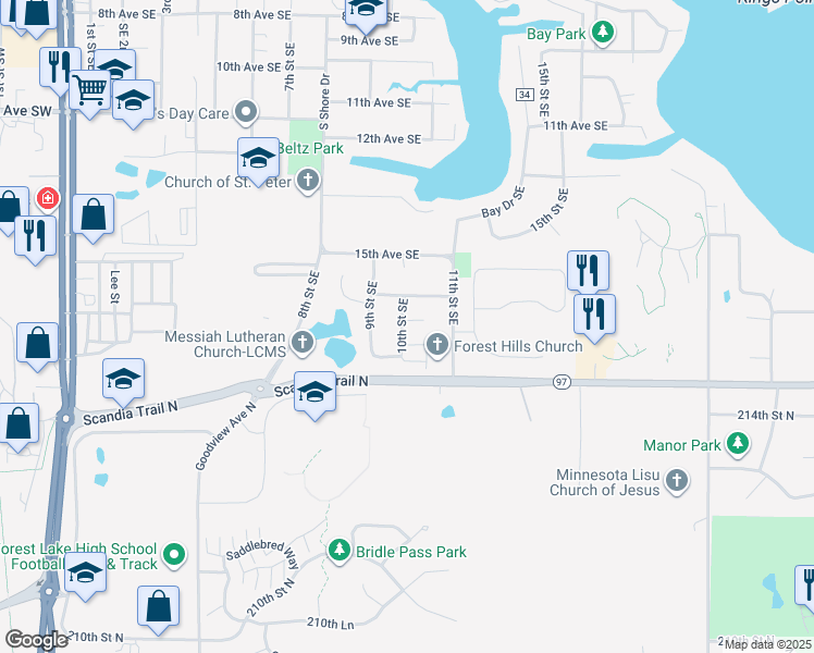 map of restaurants, bars, coffee shops, grocery stores, and more near 1010 17th Avenue Southeast in Forest Lake