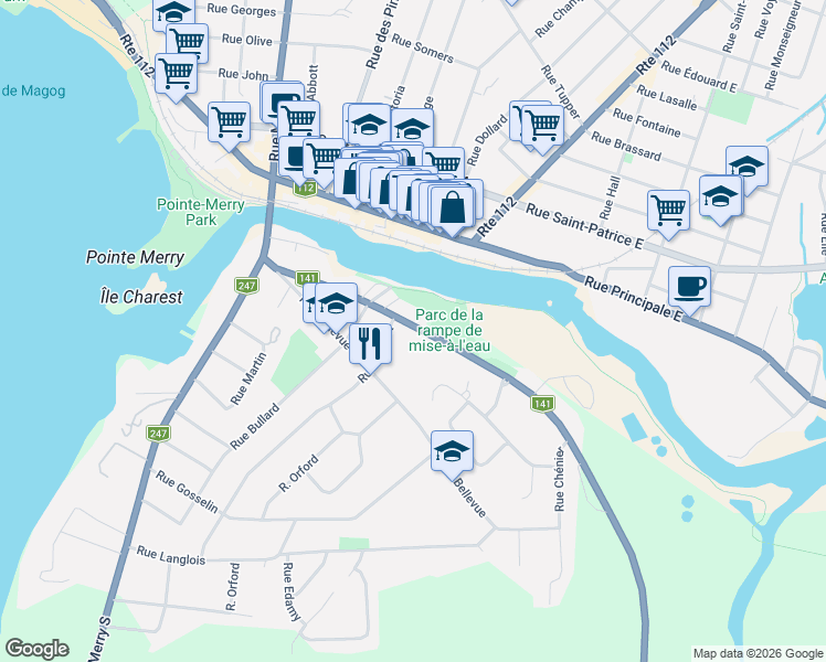 map of restaurants, bars, coffee shops, grocery stores, and more near 220 Rue de Hatley in Magog