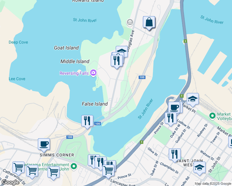 map of restaurants, bars, coffee shops, grocery stores, and more near 460 Douglas Avenue in Saint John