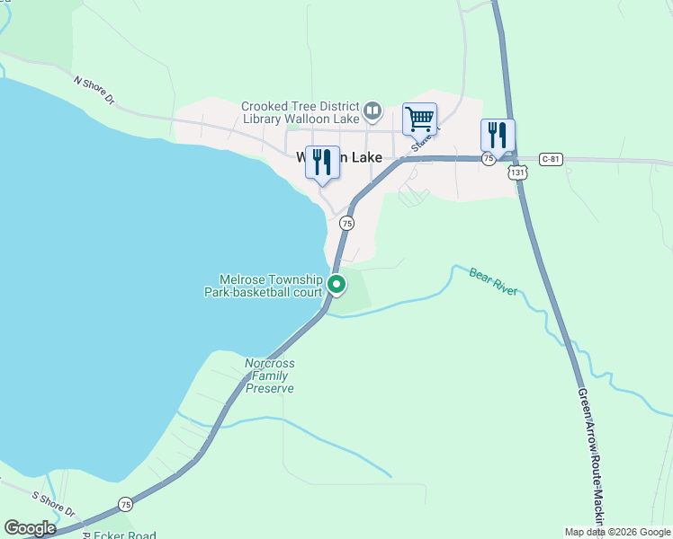 map of restaurants, bars, coffee shops, grocery stores, and more near 4060 Michigan 75 in Walloon Lake