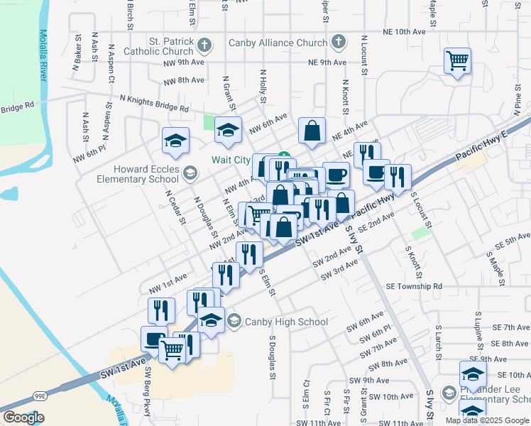 map of restaurants, bars, coffee shops, grocery stores, and more near 390 Northwest 2nd Avenue in Canby