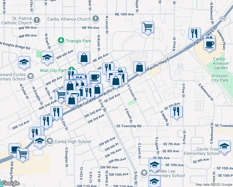 map of restaurants, bars, coffee shops, grocery stores, and more near 290 Southeast 2nd Avenue in Canby