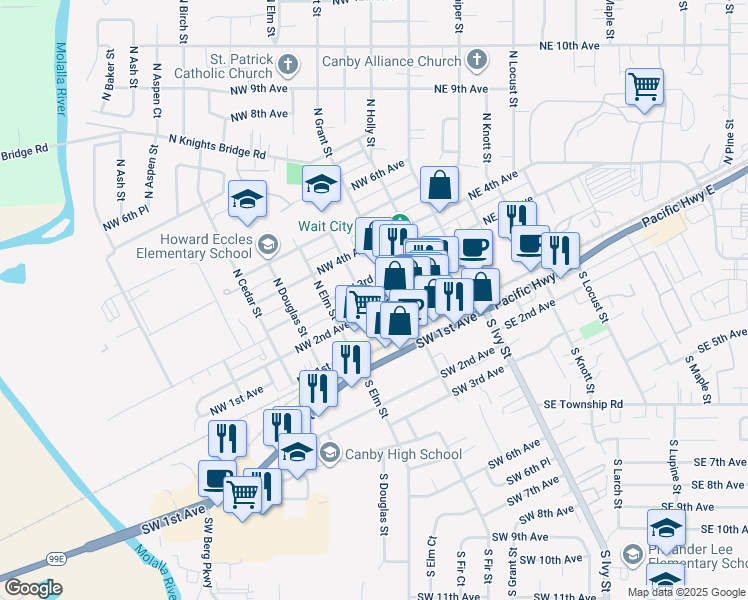 map of restaurants, bars, coffee shops, grocery stores, and more near 390 Northwest 2nd Avenue in Canby
