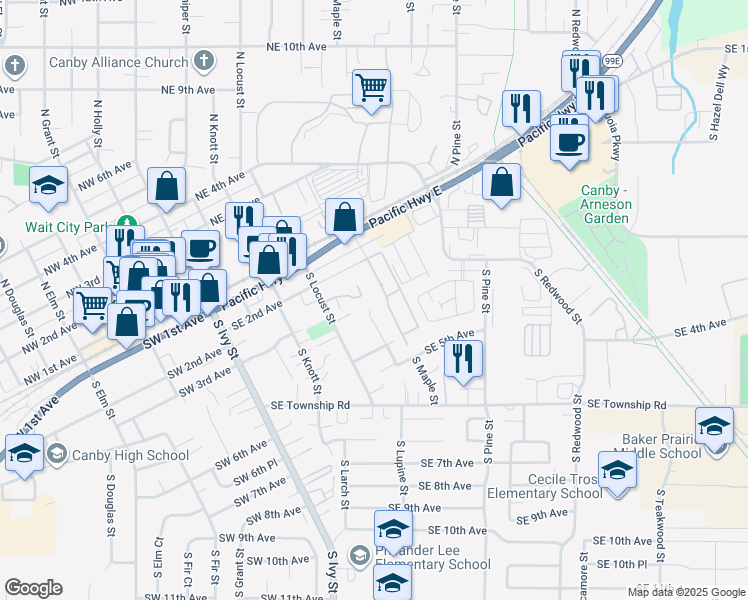 map of restaurants, bars, coffee shops, grocery stores, and more near 314 South Manzanita Court in Canby