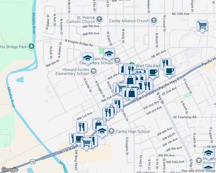 map of restaurants, bars, coffee shops, grocery stores, and more near 508 Northwest 3rd Avenue in Canby