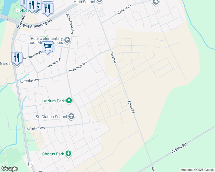 map of restaurants, bars, coffee shops, grocery stores, and more near 4825 Spratt Road in Ottawa