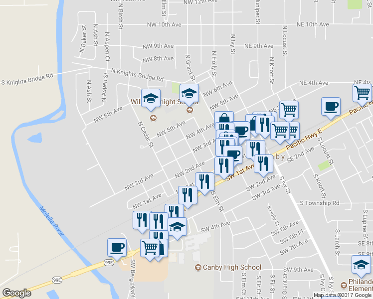 map of restaurants, bars, coffee shops, grocery stores, and more near 508 Northwest 3rd Avenue in Canby