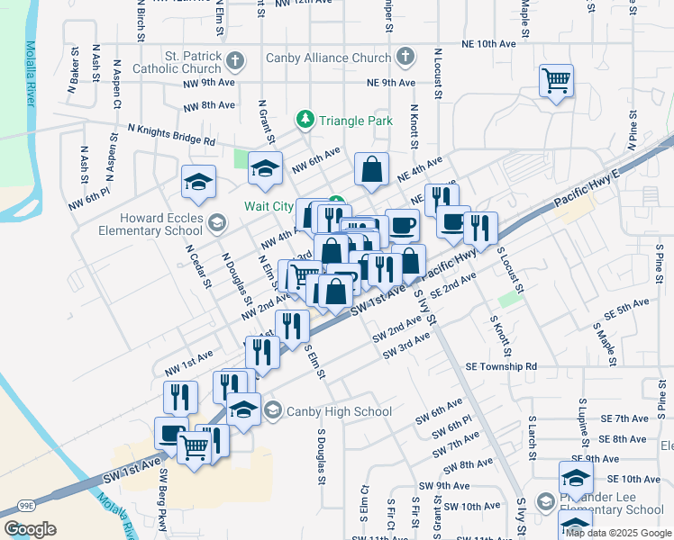 map of restaurants, bars, coffee shops, grocery stores, and more near in Canby