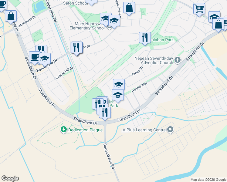 map of restaurants, bars, coffee shops, grocery stores, and more near 27 Danaher Drive in Ottawa