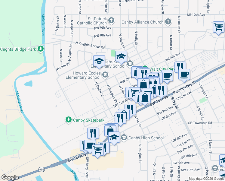 map of restaurants, bars, coffee shops, grocery stores, and more near 370 North Douglas Street in Canby