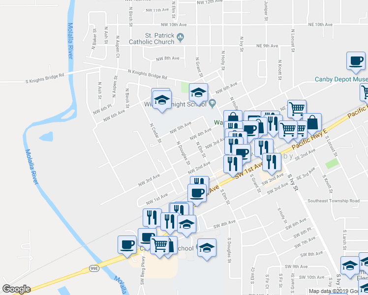 map of restaurants, bars, coffee shops, grocery stores, and more near 550 Northwest 3rd Avenue in Canby
