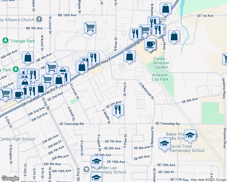 map of restaurants, bars, coffee shops, grocery stores, and more near 1111 Southeast 3rd Avenue in Canby