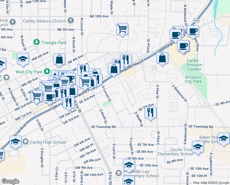 map of restaurants, bars, coffee shops, grocery stores, and more near 207 Southwest 1st Avenue in Canby