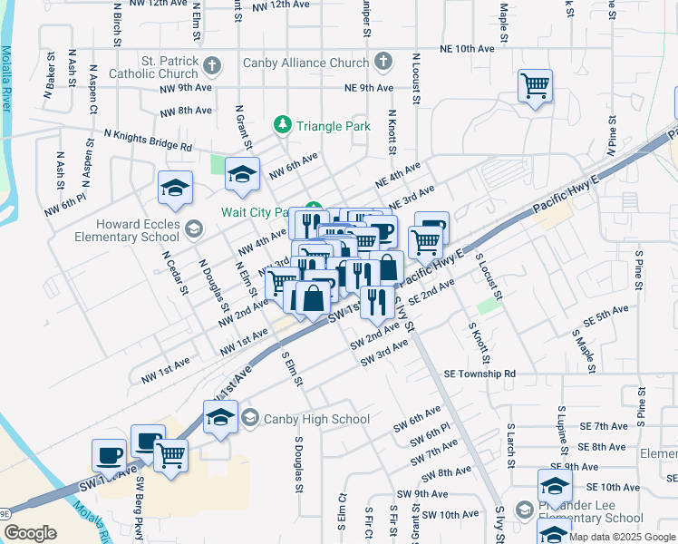 map of restaurants, bars, coffee shops, grocery stores, and more near 154 Northwest 1st Avenue in Canby