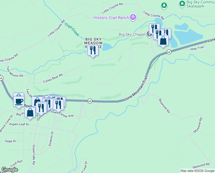 map of restaurants, bars, coffee shops, grocery stores, and more near 68-838 Yellowtail Road in Big Sky