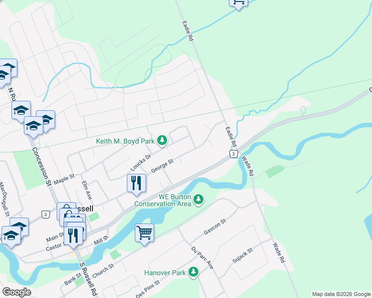 map of restaurants, bars, coffee shops, grocery stores, and more near 85 George Street in Russell