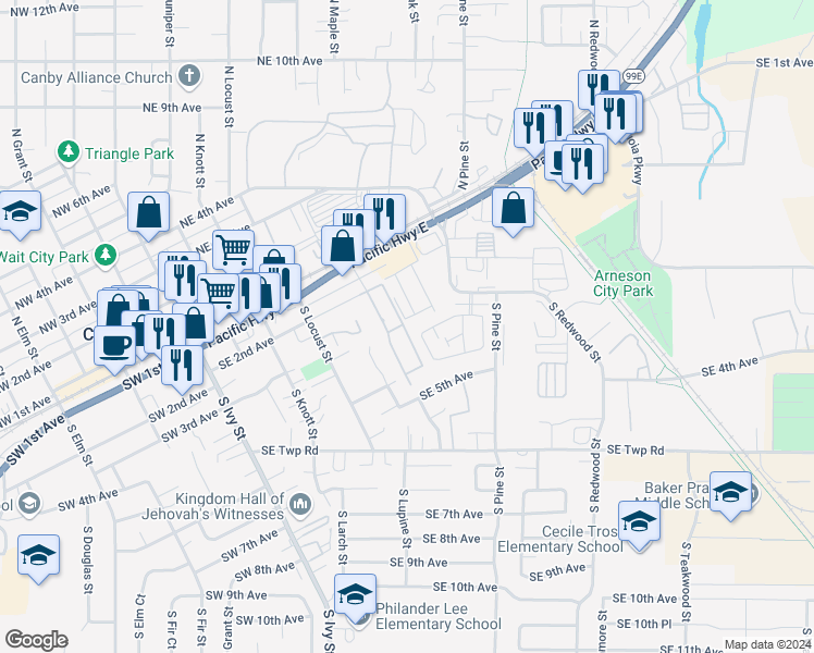 map of restaurants, bars, coffee shops, grocery stores, and more near 1111 SE 3rd Ave in Canby