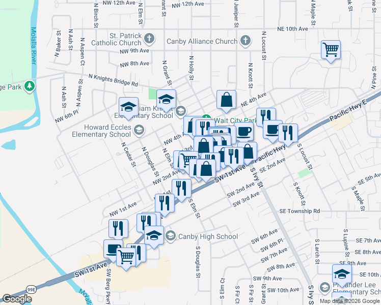 map of restaurants, bars, coffee shops, grocery stores, and more near 390 Northwest 2nd Avenue in Canby