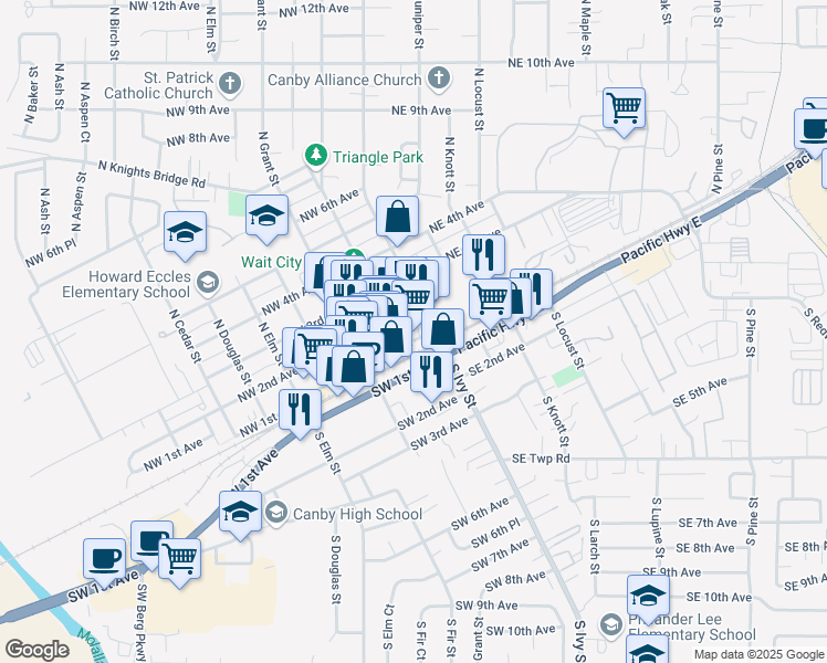 map of restaurants, bars, coffee shops, grocery stores, and more near 154 Northwest 1st Avenue in Canby