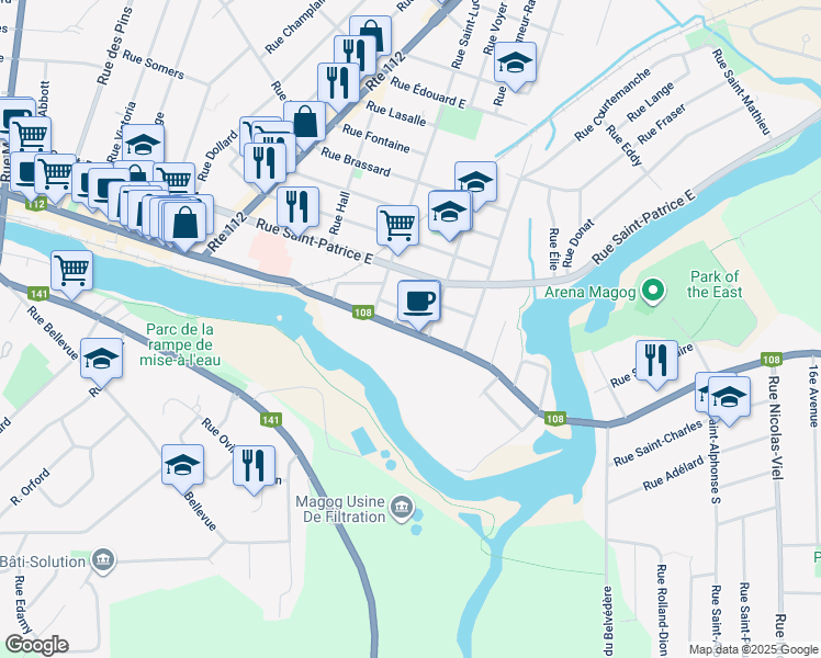 map of restaurants, bars, coffee shops, grocery stores, and more near 275 Rue Principale Est in Magog