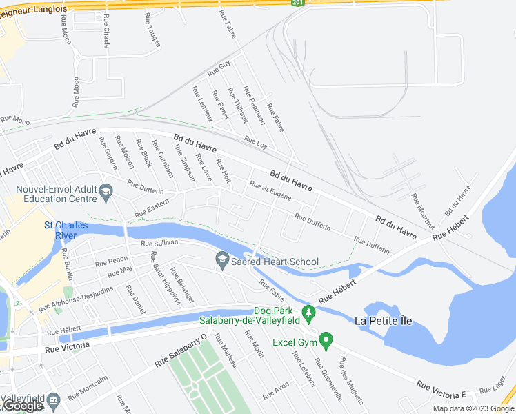 map of restaurants, bars, coffee shops, grocery stores, and more near 26 Rue Bourget in Salaberry-de-Valleyfield