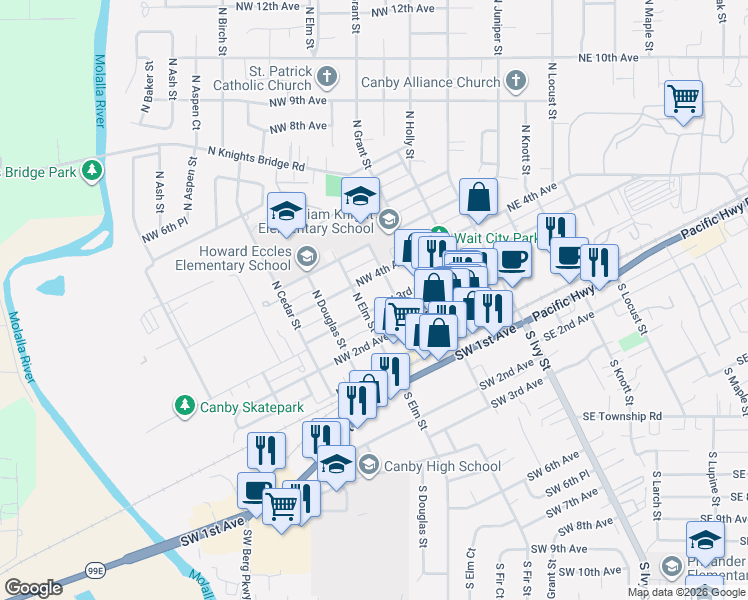 map of restaurants, bars, coffee shops, grocery stores, and more near 466 Northwest 3rd Avenue in Canby