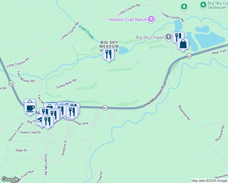 map of restaurants, bars, coffee shops, grocery stores, and more near 2310 Yellowtail Road in Big Sky