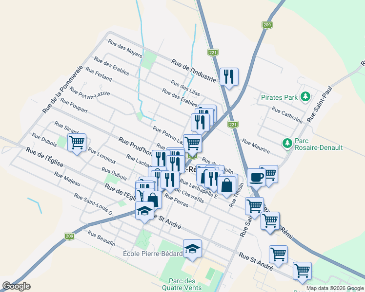 map of restaurants, bars, coffee shops, grocery stores, and more near 6 Rue Potvin Lazure in Saint-Rémi