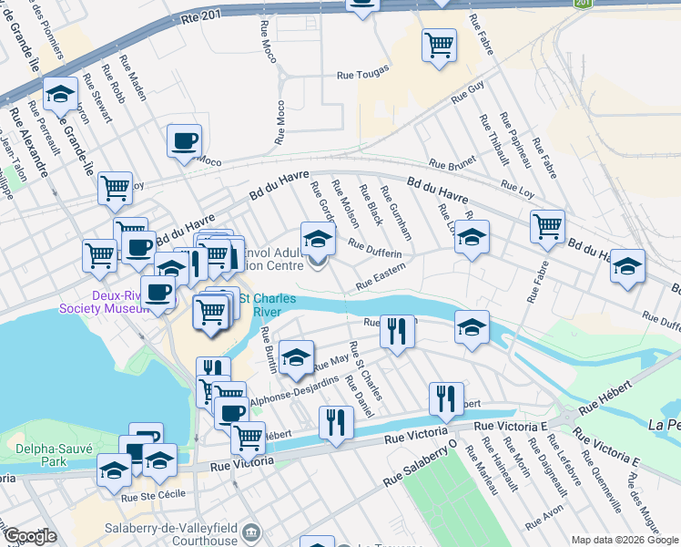 map of restaurants, bars, coffee shops, grocery stores, and more near 112 Rue Saint Charles in Salaberry-de-Valleyfield