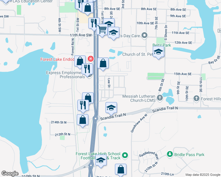 map of restaurants, bars, coffee shops, grocery stores, and more near 117 Lee Street in Forest Lake