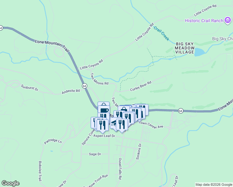 map of restaurants, bars, coffee shops, grocery stores, and more near 3080-3138 Two Moons Road in Gallatin Gateway
