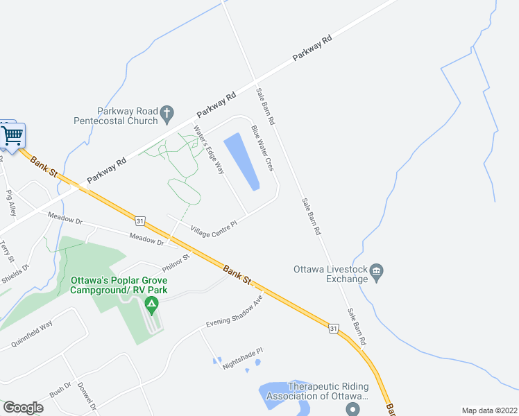 map of restaurants, bars, coffee shops, grocery stores, and more near 7412 Blue Water Crescent in Ottawa