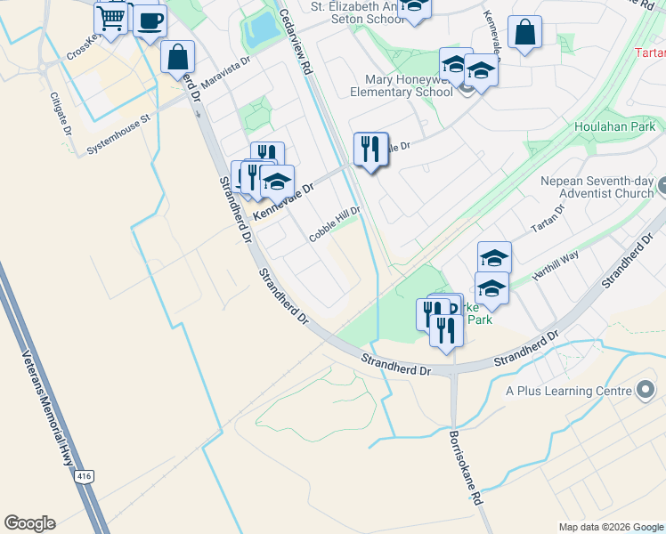 map of restaurants, bars, coffee shops, grocery stores, and more near 590 Anjana Circle in Ottawa