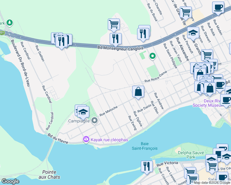 map of restaurants, bars, coffee shops, grocery stores, and more near 115 Rue Ewing in Salaberry-de-Valleyfield