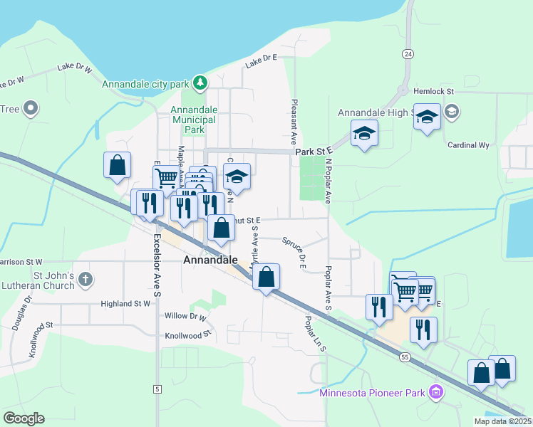 map of restaurants, bars, coffee shops, grocery stores, and more near 225 Chestnut Street East in Annandale