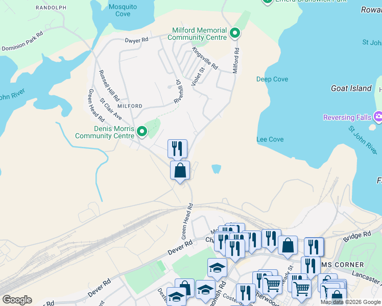 map of restaurants, bars, coffee shops, grocery stores, and more near 523 Milford Road in Saint John