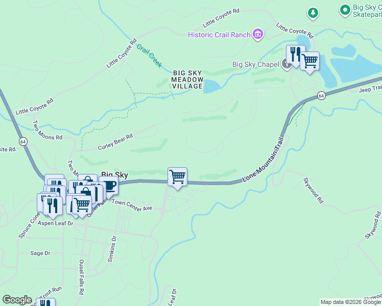 map of restaurants, bars, coffee shops, grocery stores, and more near 2310 Yellowtail Road in Big Sky