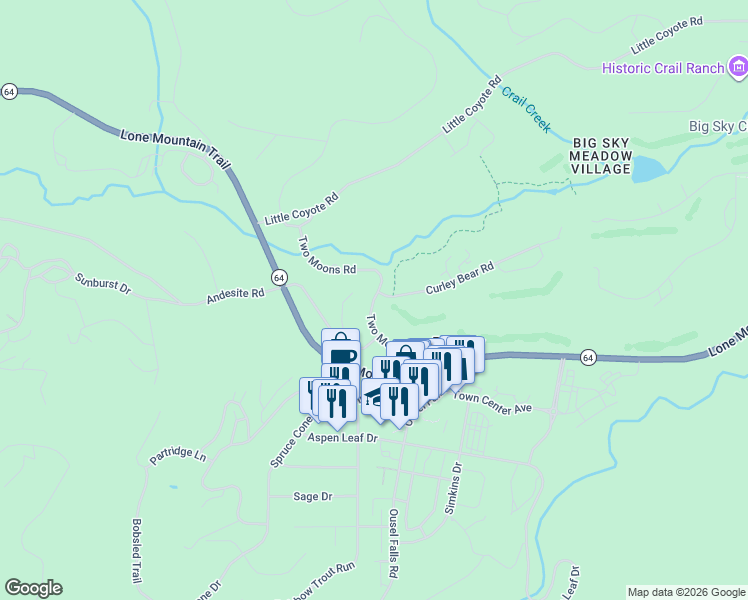 map of restaurants, bars, coffee shops, grocery stores, and more near Two Moons Road in Big Sky