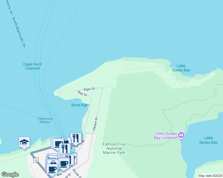 map of restaurants, bars, coffee shops, grocery stores, and more near 13 Elgin Street in Tobermory