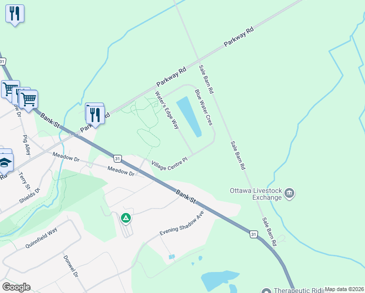 map of restaurants, bars, coffee shops, grocery stores, and more near 1472 Water's Edge Way in Ottawa